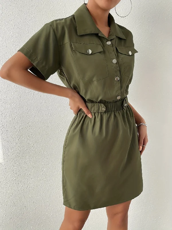 Sixsr Flap Pockets Lapel Cargo Dress, Casual Short Sleeve Elastic Waist Dress For Spring & Summer, Women's Clothing