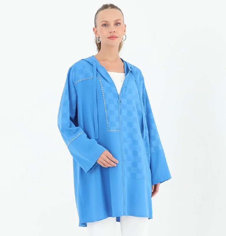 Modern Muslim Women's Embellished Zip Up Hoodie Tunic - 10445 Blue