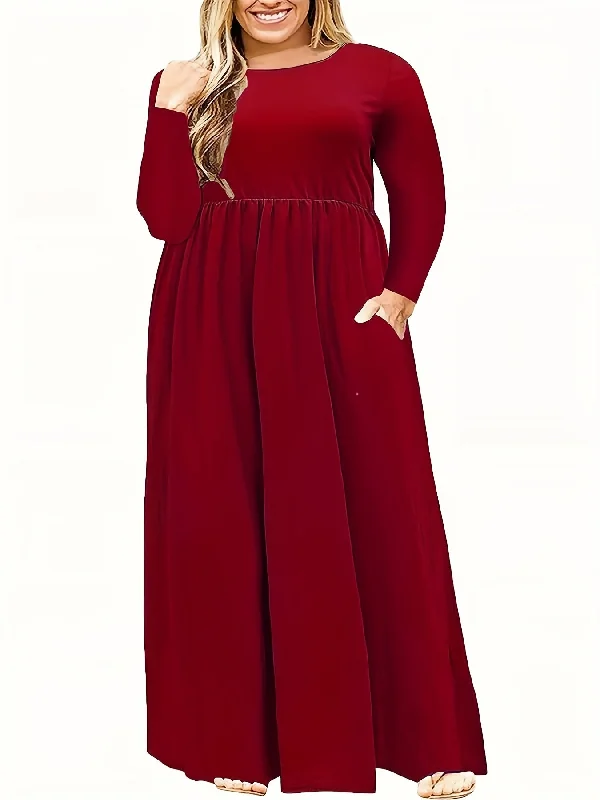 Sixsr Plus Size Casual Dress, Women's Plus Solid Long Sleeve Round Neck Medium Stretch Maxi Dress With Pockets