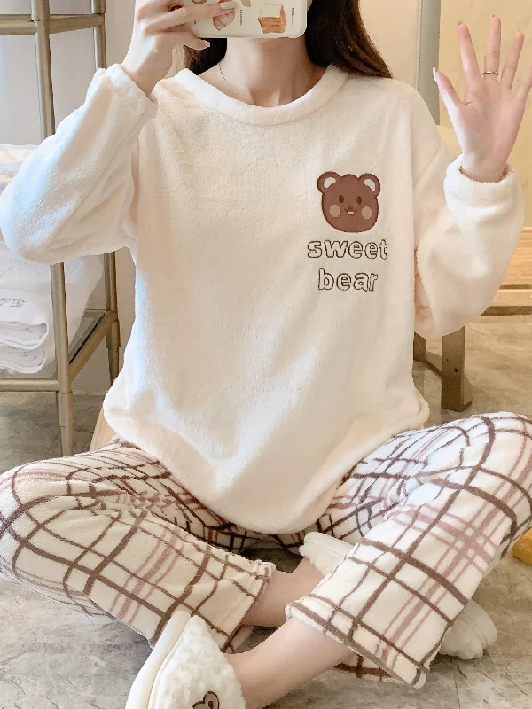 Sixsr Cute & Warm Teddy Bear Pattern Loungewear Pajamas, Long Sleeve Pullover Tops & Plaid Pants, Women's Sleepwear & Loungewear