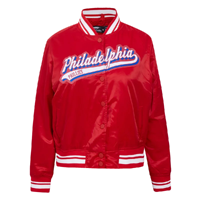 MLB PHILADELPHIA PHILLIES SCRIPT TAIL WOMEN'S SATIN JACKET (RED)