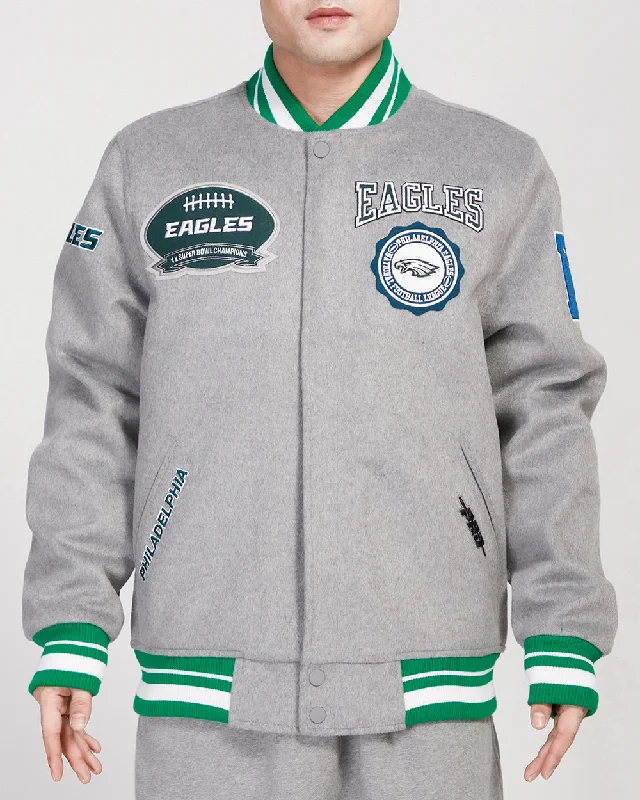 NFL PHILADELPHIA EAGLES CREST EMBLEM MEN'S WOOL VARSITY JACKET (HEATHER GREY/GREEN)